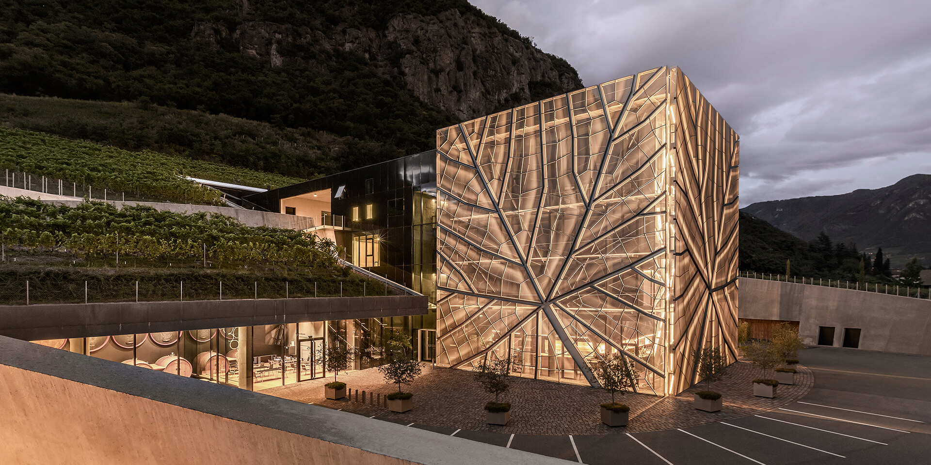 Lange Mittagstafel auf einem Weingut in Südtirol
